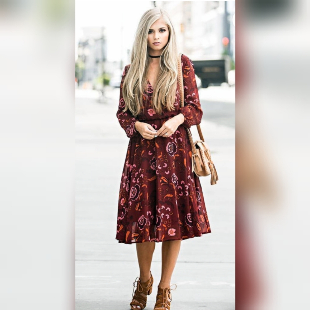 BB Dakota Carabelle Burgundy Floral Dress (S) - Picture 2 of 7